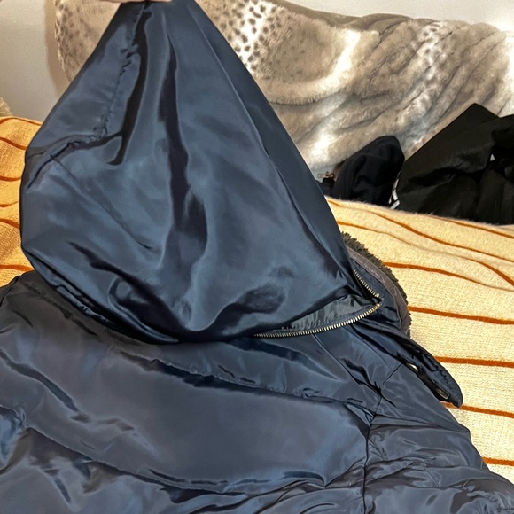 Navy Blue Puffer Jacket w/ Gold Accents (Zipper, Buttons) - Picture 3 of 5